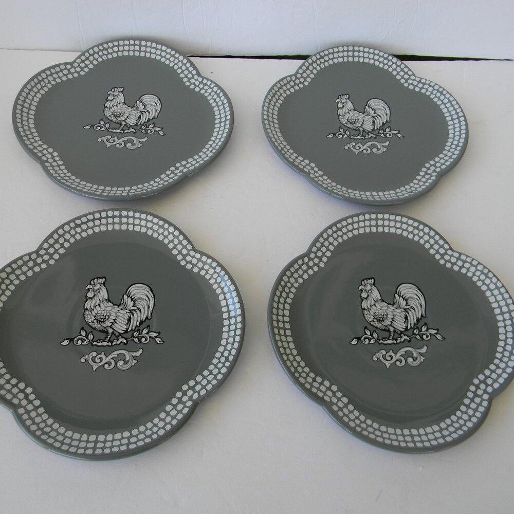 NEW TEMP-TATIONS DOODLE DOO GRAY ROOSTER COUNTRY LOT OF 4 SALAD PLATES